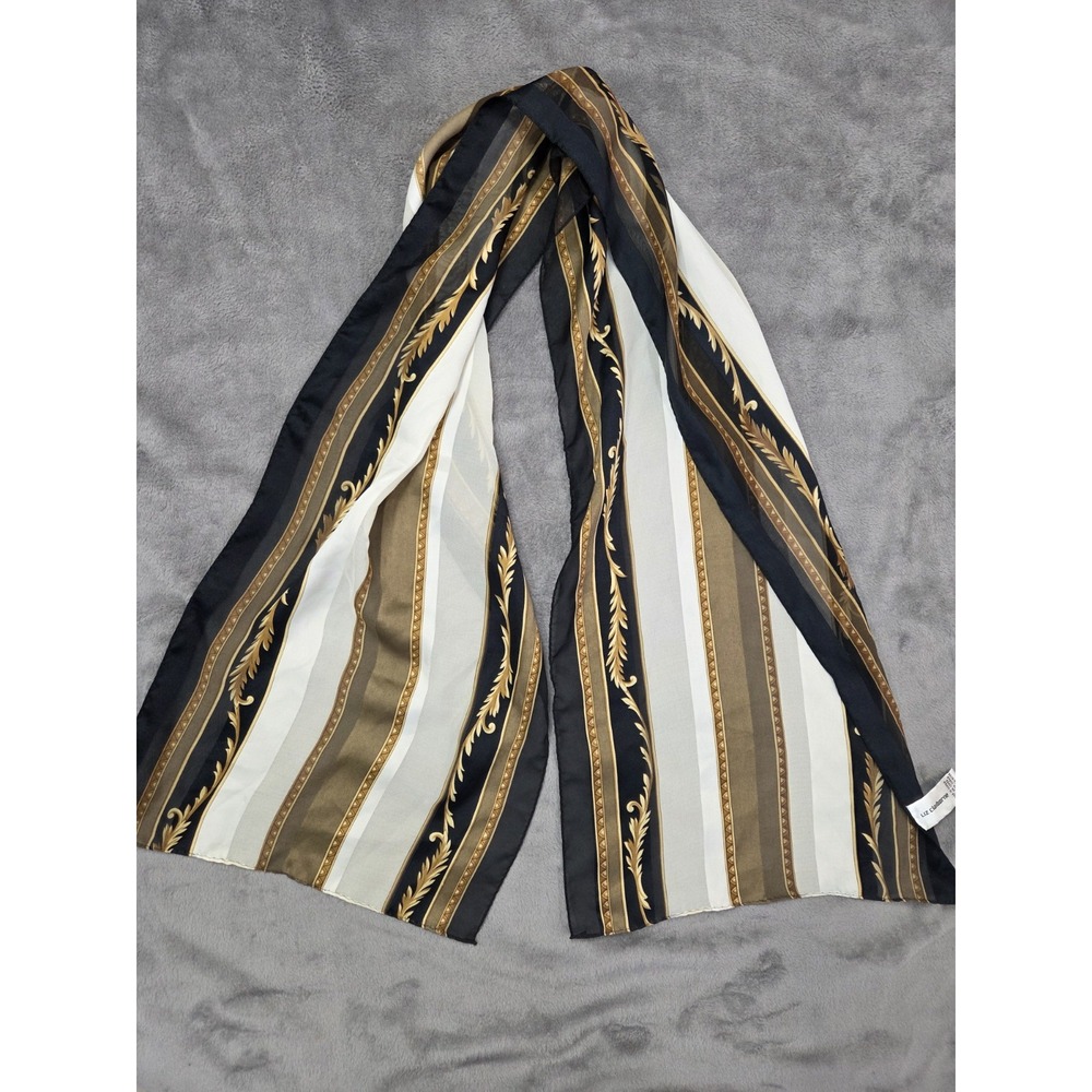 Liz Claiborne Poly Rectangle Scarf Black Gold‎ White 13x58 Multiuse